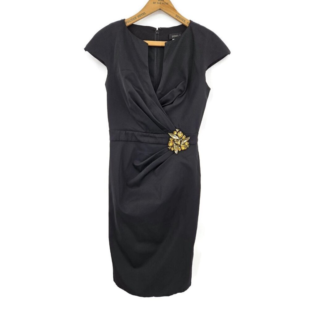 Tadashi Shoji Black Cocktail Dress Womens 2 Cap Sleeve Jeweled Sheath